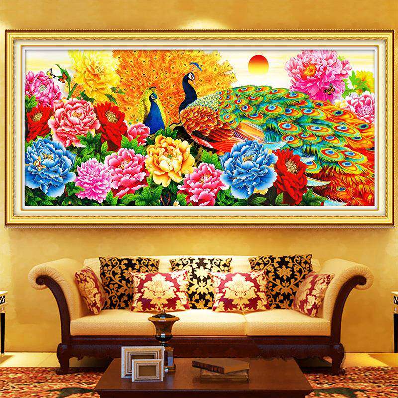 花团锦簇富贵孔雀十字绣牡丹花开旭日东升大幅柬埔寨