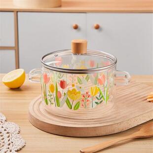热卖大容量高硼硅双耳明火玻璃锅耐热带盖泡面碗煮面锅大号宿舍汤