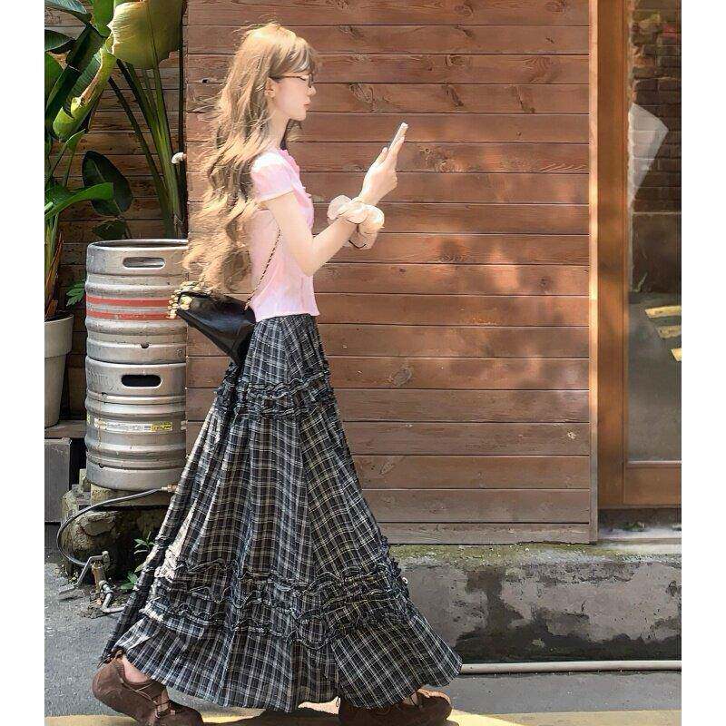 速发现货长白糕175高个子加长美式黑白格子花边拼接半身裙女春夏