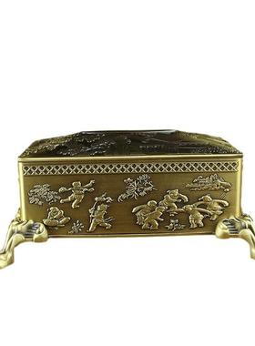 纯铜餐巾纸盒铜艺铜器家居客厅桌面复古黄铜山水楼阁抽纸盒摆件