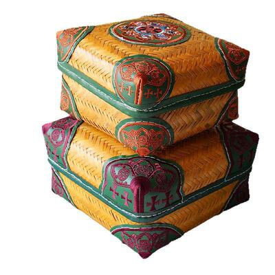 藏式竹编篮刺绣竹筐普洱茶林卡洛玛干粮化妆品收纳盒民族风