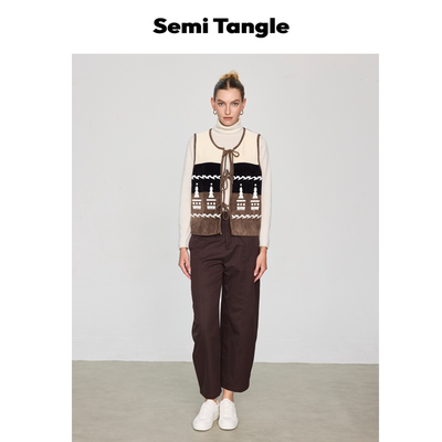 Semi Tangle「Nibbia」秋冬新品丝绒感针织拼色色块图案绣花马甲