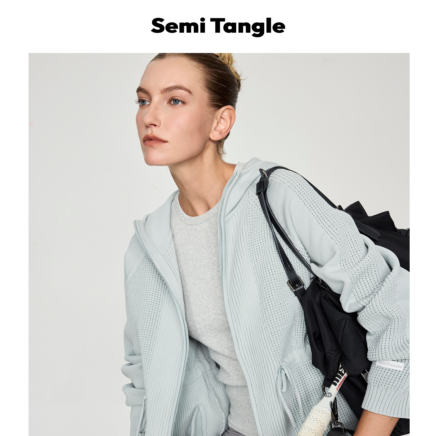 Semi Tangle秋冬新品超轻尼龙针织运动感开衫外套夹克女式中长款