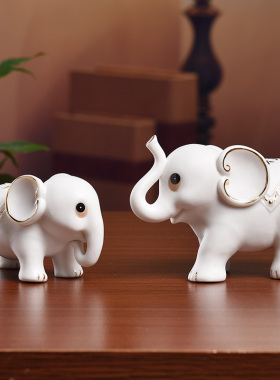 东方泥土陶瓷吉象如意象一对摆件 家居客厅电视柜装饰小象工艺品
