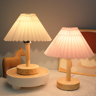 卧室民宿咖啡厅装 实木灯座vintage台灯 复古百褶灯 优选ins风韩式