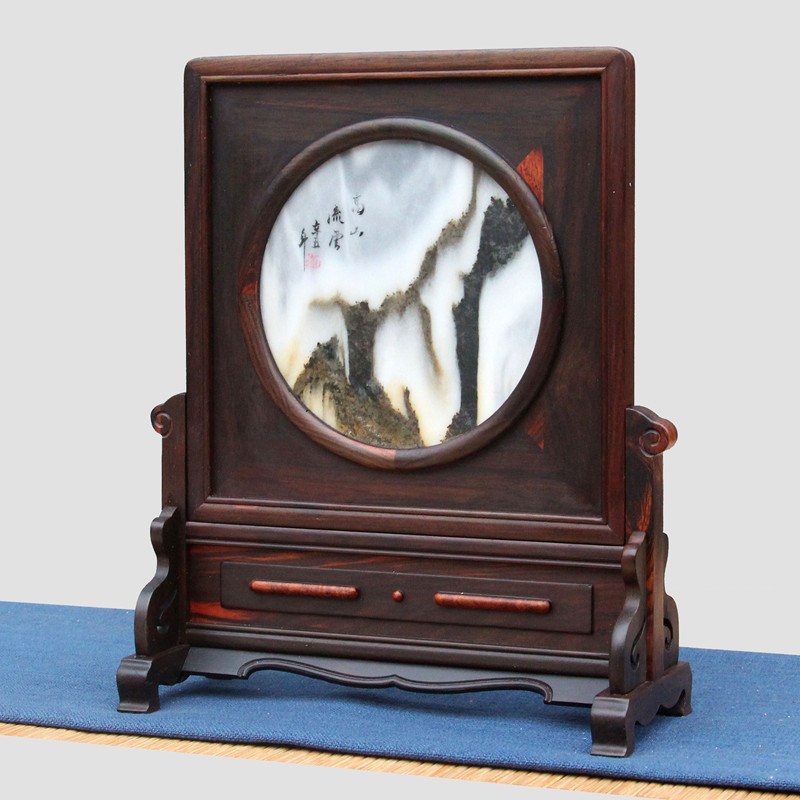 红木老挝大红酸枝大理石插屏台屏实木中式家居客厅中堂屏风摆件