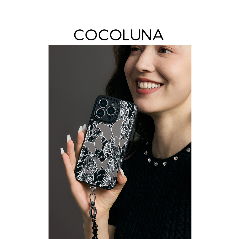 COCOLUNA 原创黑粉白镂空蕾丝磁吸适用于苹果17/16Pro/16ProMax 镜面手机壳蝴蝶浮雕高级感14Pro可酷可甜