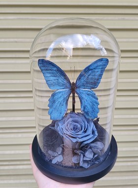 优选大蓝闪蝶平替闪蝶蝴蝶标本立体摆台送女友生日礼物玫瑰永生花