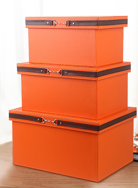 优选家用整理箱储物箱子大号皮质样板房装饰摆件橙色衣柜衣帽间收