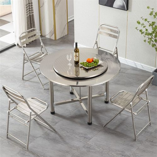 优选加厚不锈钢转盘圆桌可折叠家用吃饭户外聚餐流动酒席餐厅烧烤