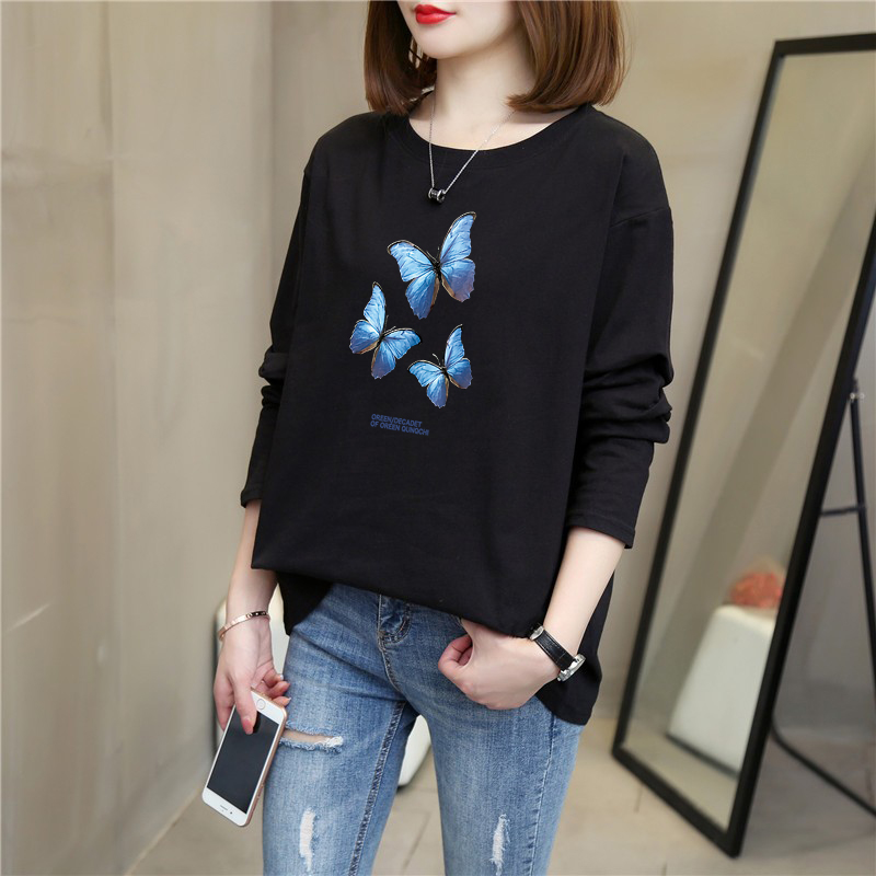 纯棉长袖t恤女装2025年新款春秋装宽松显瘦大码女士打底衫上衣服