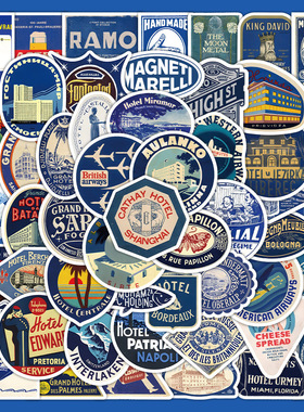 60张蓝色复古卡通贴纸美式海报手帐装饰汽车手机壳行李箱贴画