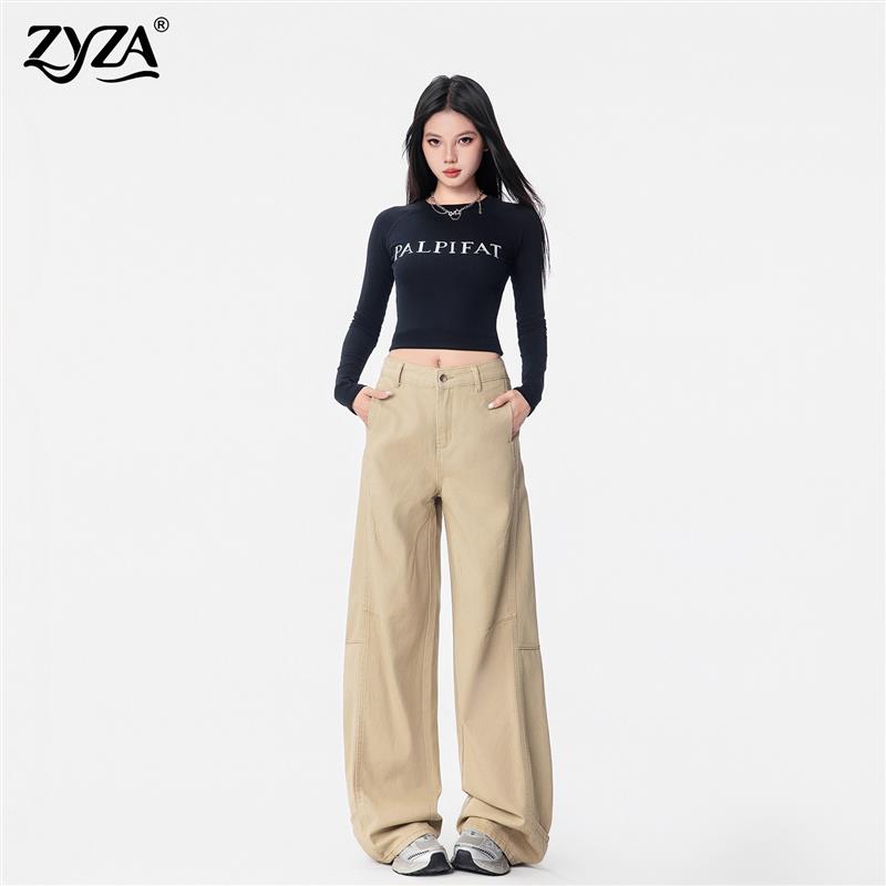 ZYZA卡其色裤子女阔腿牛仔裤春季高级设计感宽松垂感小个子直筒裤图片