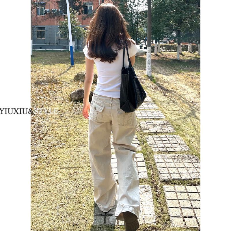 美式杏色辣妹浅色低腰阔腿牛仔裤女2026年夏季宽松百搭直筒拖地裤