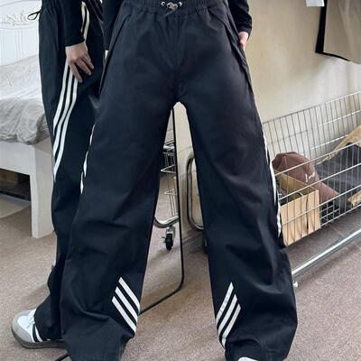 ISLAND美式复古条纹阔腿运动休闲裤男潮牌ins宽松直筒抽绳冲锋裤