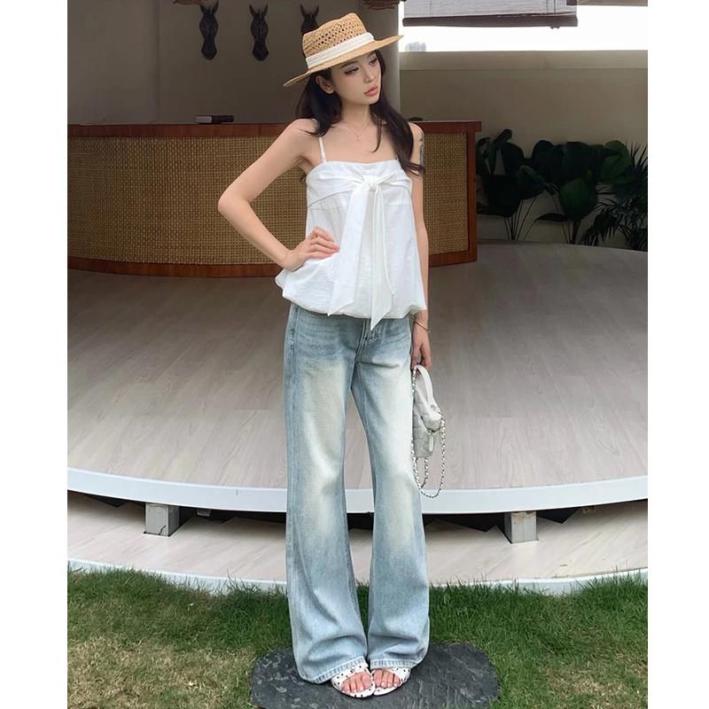 浅蓝色低腰天丝微喇牛仔裤女夏薄款2026新款美式水洗不贴腿直筒裤