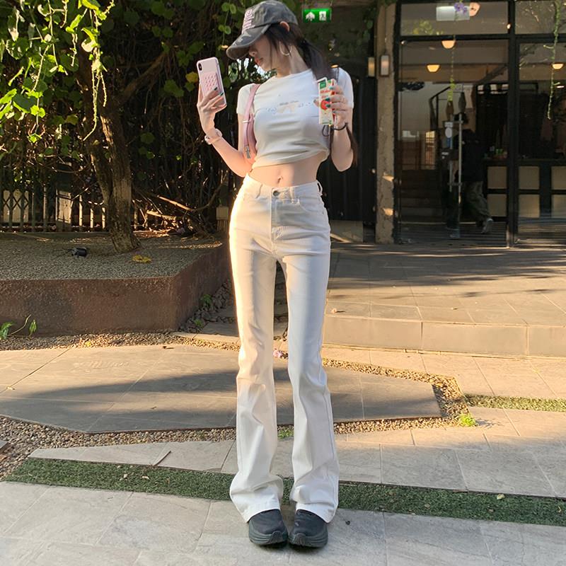 弄格白色微喇叭牛仔裤女2026春夏高腰显瘦修身窄版小直筒拖地裤