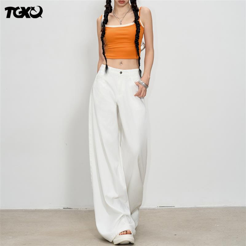 TGXQ白色牛仔裤女2026新款美式复古竹节纹拖地宽松慵懒风阔腿裤子