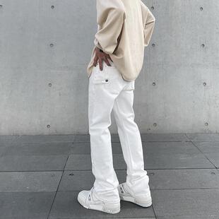 美式高街vibe风基础款白色休闲牛仔裤男ins潮牌直筒微喇堆积裤子