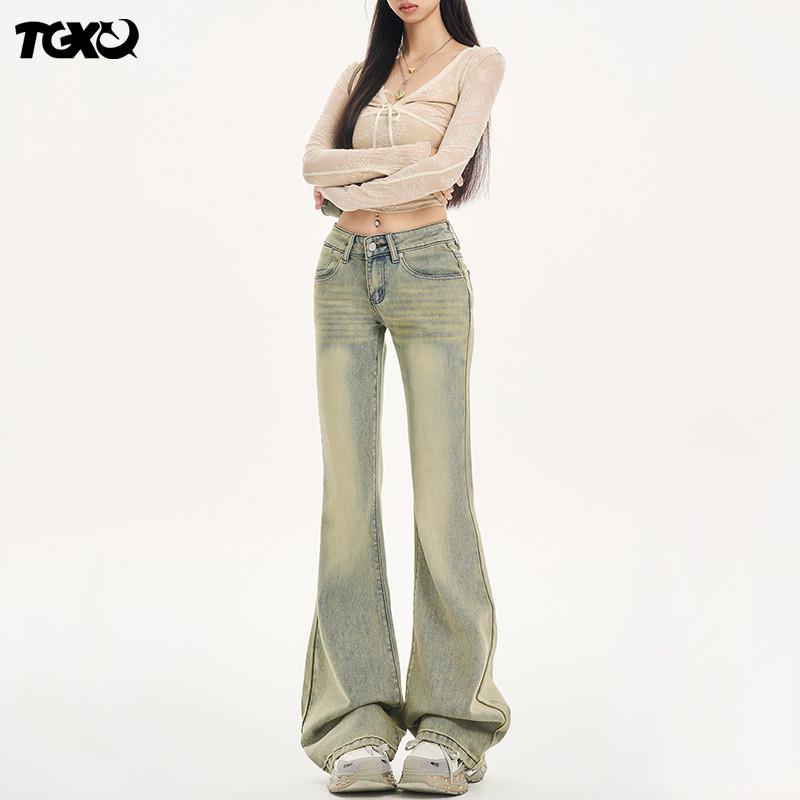 TGXQ美式牛仔裤女2026新款复古低腰宽松拖地黄泥色不贴腿微喇叭裤