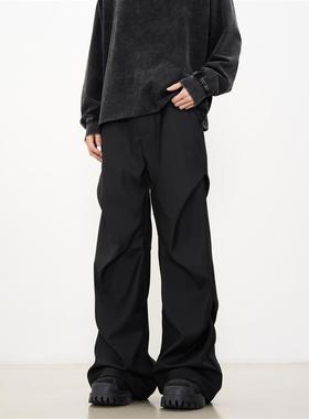 KISKO美式小众褶皱拖地微喇休闲裤高级感宽松直筒垂感黑色西裤男