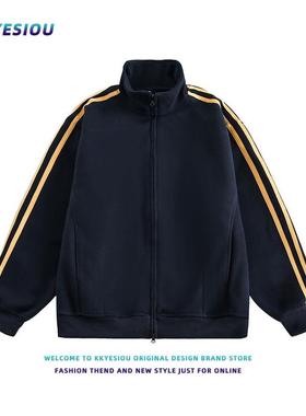 KKyesiou美式复古潮牌运动三条杠开衫卫衣男女oversize情侣款外套
