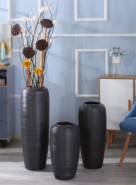 陶瓷落地花瓶大号黑色复古怀旧客厅阳台沙发电视柜插花装饰摆件