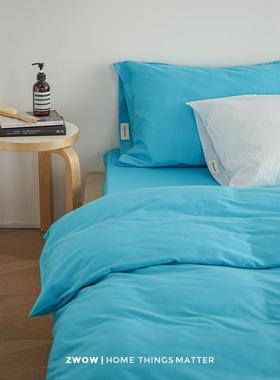 造卧zwow轻奢全棉贡缎长绒棉60支高饱和蓝色细条纹床单床笠四件套