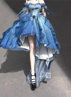 洛丽塔重工拖尾蓬蓬前短后长在逃公主裙蓝色花嫁礼服lolita连衣裙