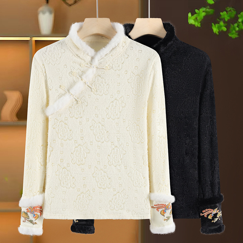 新中式立领加绒保暖冬装上衣女内搭洋气提花刺绣高档打底衫可外穿