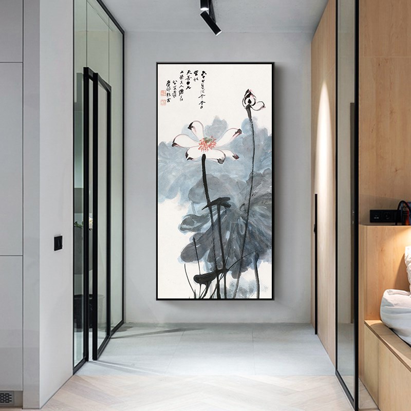 张大千荷花水墨进门玄关装饰画客厅楼梯中式挂画走廊过道竖版壁画图片