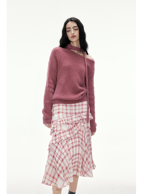 in modo diverso 原创85%美丽诺羊毛圈圈纱斜肩钩花飘带宽松毛衣