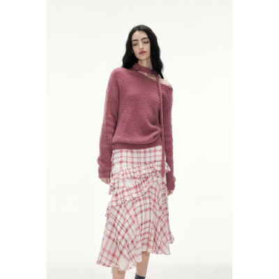 85%美丽诺羊毛圈圈纱斜肩毛衣