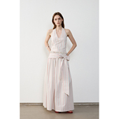 modo diverso原创小众设计感色织条纹挂脖绑结松紧腰连衣裙女