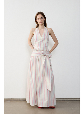 in modo diverso原创小众设计感色织条纹挂脖绑结松紧腰连衣裙女