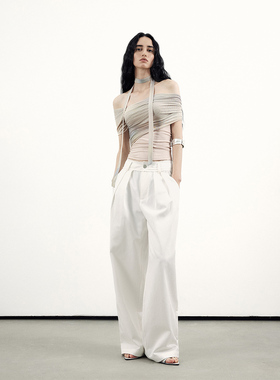 in modo diverso原创小众散边腰头蕾丝拼接宽松褶裥中腰休闲长裤