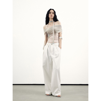 小众设计散边腰头蕾丝拼接白色裤