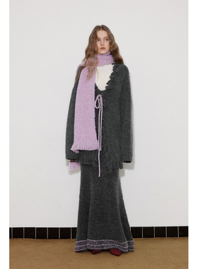 in modo diverso原创设计羊毛圈圈纱撞色绑带流苏围巾开衫秋冬