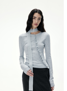 in modo diverso 原创设计羊毛混纺花纱荷叶边门襟飘带毛针织衫女