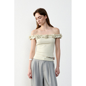 modo diverso原创小众设计手工立体花朵波浪一字肩T恤两穿上衣