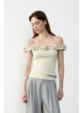 in modo diverso原创小众设计手工立体花朵波浪一字肩T恤两穿上衣