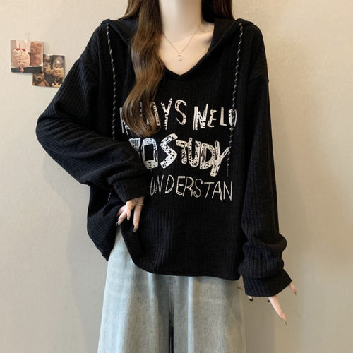 大码女装遮肚子慵懒风印花长袖卫衣女春秋胖妹妹宽松显瘦连帽上衣