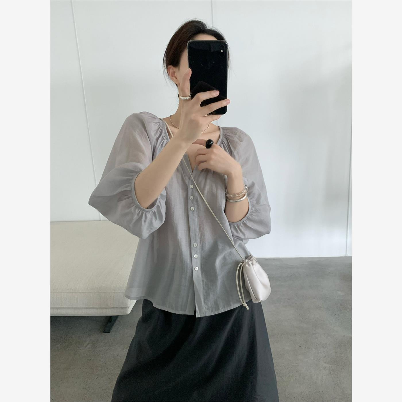 TG 天丝轻薄舒适感韩版衬衫女2025夏季新款七分袖宽松上衣24880