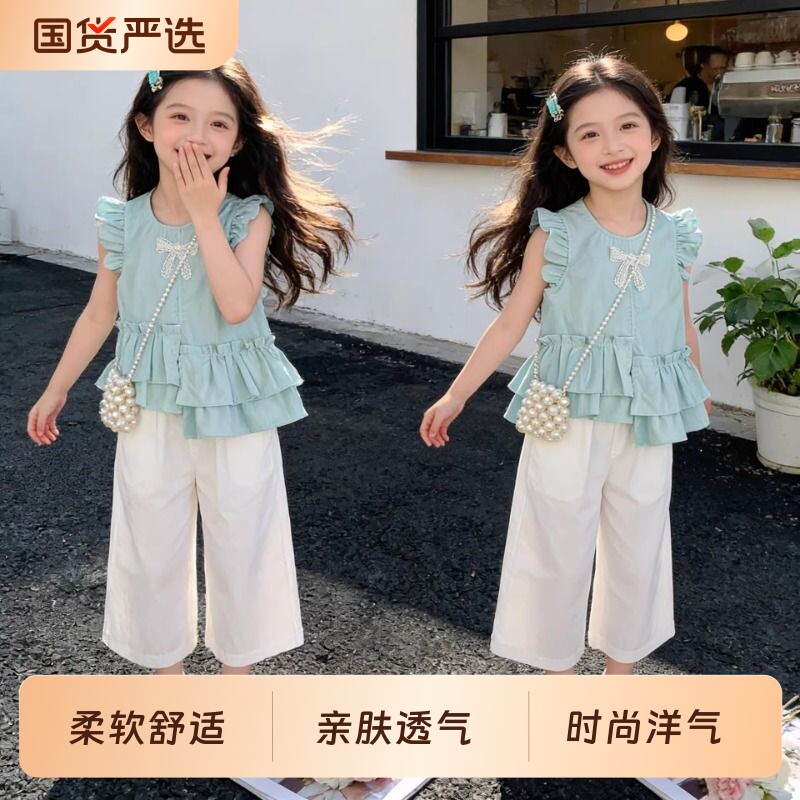 女童夏季套装2026新款72洋气娃娃衫夏装牛仔短裤两件套潮72时