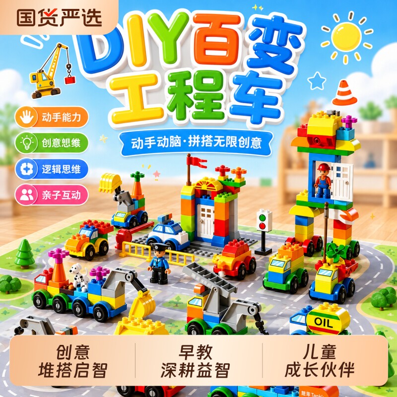 新款工程车百变汽车diy大颗粒拼装积木宝宝男孩益智早教儿童玩具图片