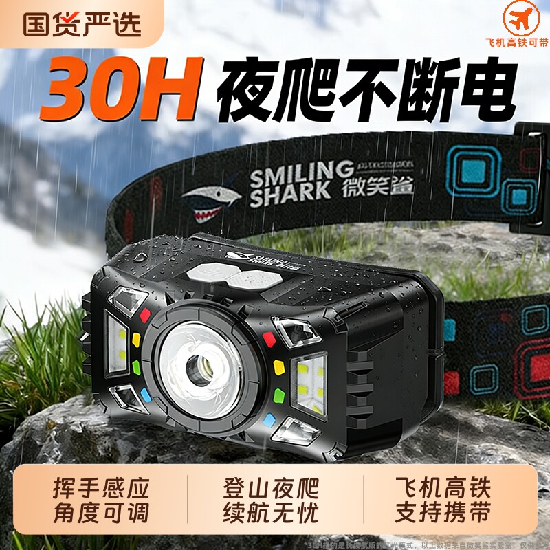 头灯户外登山头戴式强光充电微笑鲨超长续航超亮照明灯徒步夜钓灯