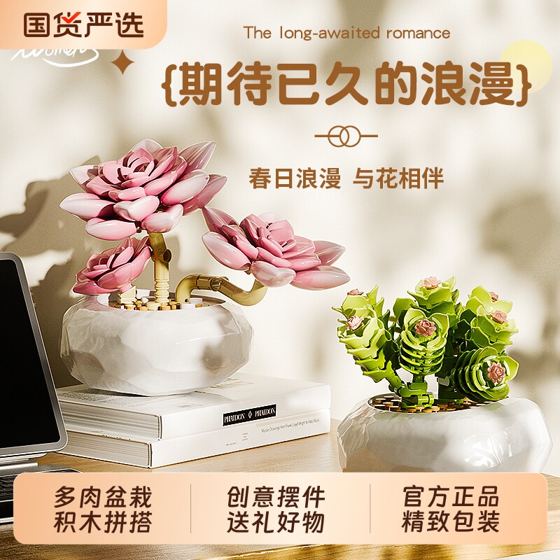 inbrixx积乎植物系列多肉盆栽拼装玩具永生花束积木摆件节日礼物