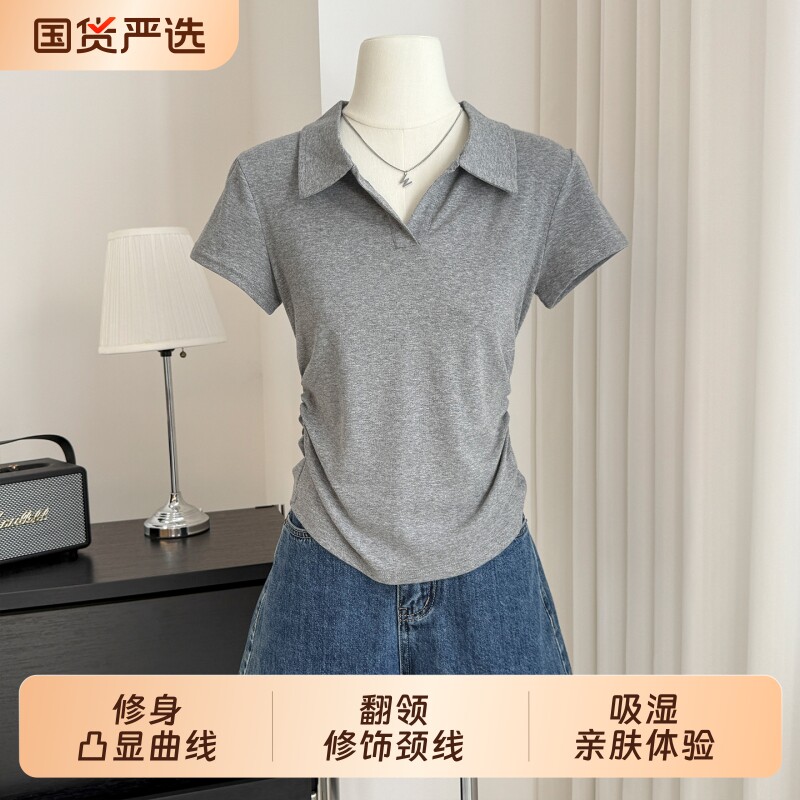 v领短袖t恤女掐腰短款上衣polo衫图片