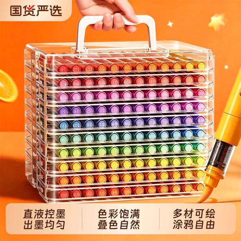 丙烯马克笔水彩笔小学生专用直液式软头儿童美术画画笔彩笔幼儿园不透色可叠色96色初中生美术生笔芯无毒可洗 - 实物图