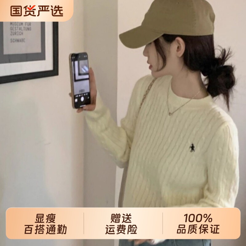 韩衣汐麻花针织衫装秋季设计感刺绣毛衣宽松套头长袖上衣